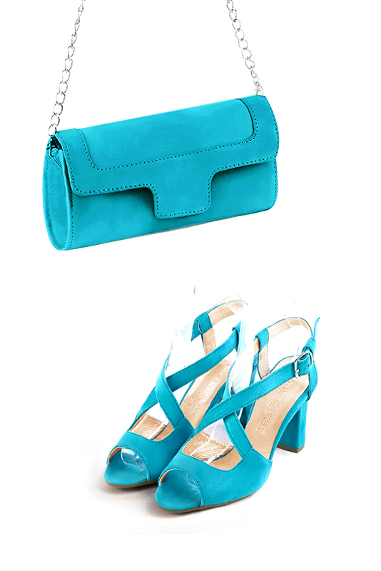 Dress clutch for wedding and parties in turquoise blue leather - Worn view